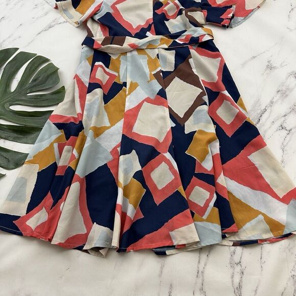 Hutch Flutter Sleeve Wrap Dress Size M Blue Pink Geometric Print Tie Fit Flare - Picture 10 of 10